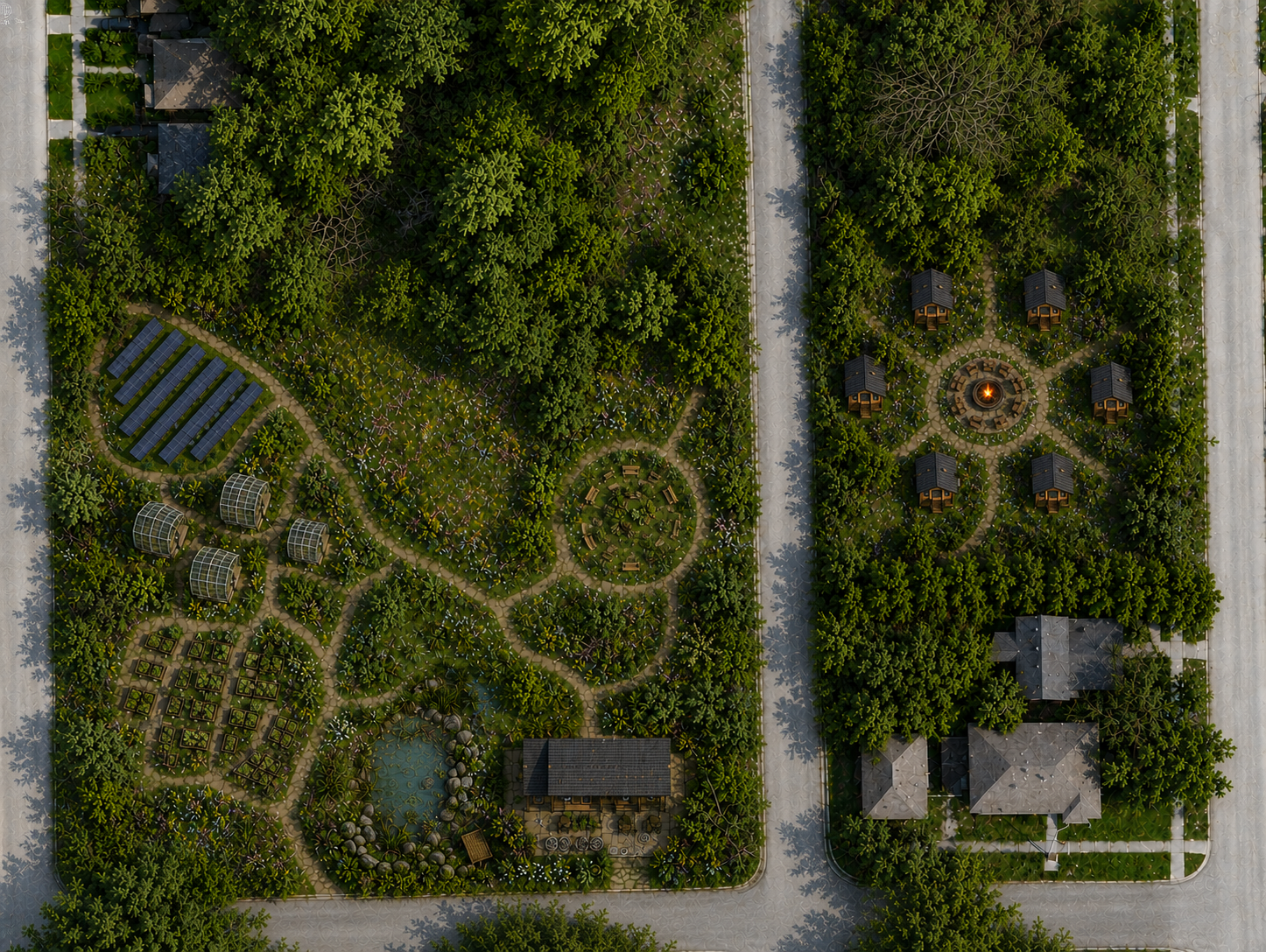 Aerial concept rendering of the Detroit Observation Campus with gardens, tea house, cottages, fire circle, woodland, solar panels, and demonstration greenhouses.